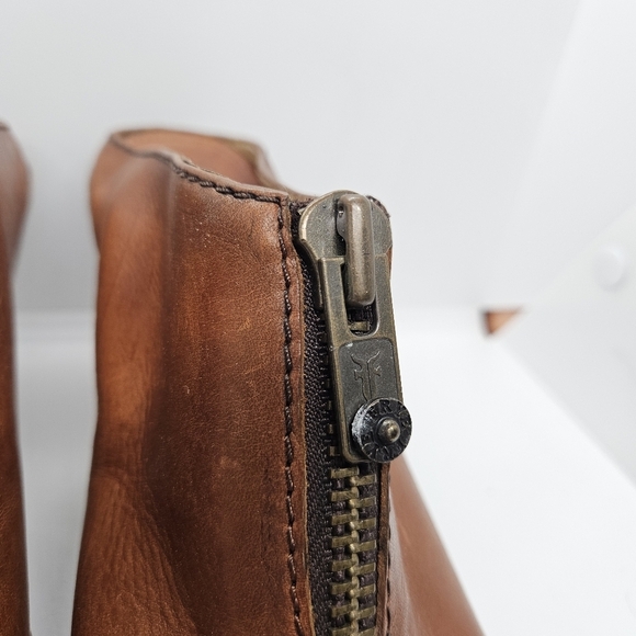 Frye cognac Izzy Zip moto sandal heeled mule peeptoe size 9B - Picture 3 of 13